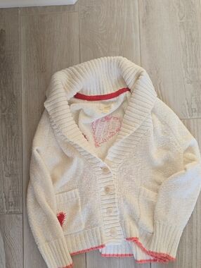Anthropologie Cream Cardigan with Pink Trim and Heart Accents